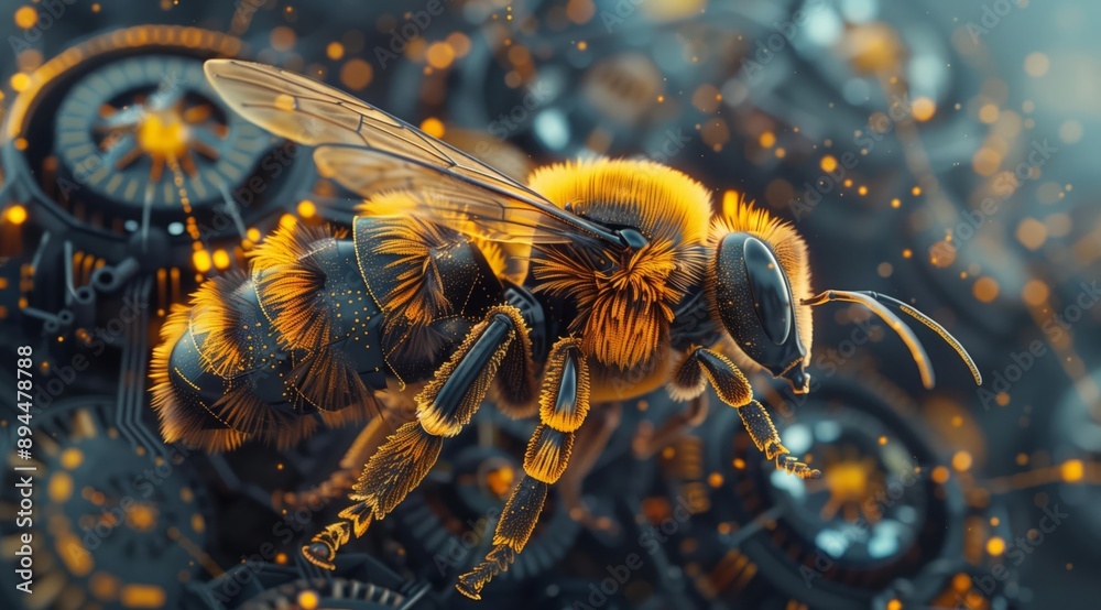 Aufkleber This high-resolution image showcases a close-up view of a futuristic, stylized bumblebee perched on intricate mechanical gears. The bee's body is rendered with a striking combination of metallic bla