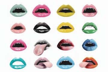 Obraz premium Purple lips with stripe tongue in pop art style. Woman's half-open mouth with sticking out tongue. Vintage trendy y2k patch or sticker. Beautiful simple AI generated image in 4K, unique.