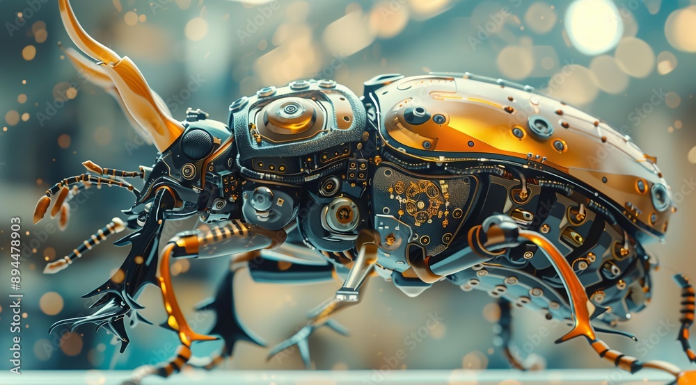Poster A detailed 3D rendering of a cybernetic beetle. The beetle is made up of intricate gears, wires, and circuits. The metallic gold and black color scheme gives the beetle a futuristic look. The beetle