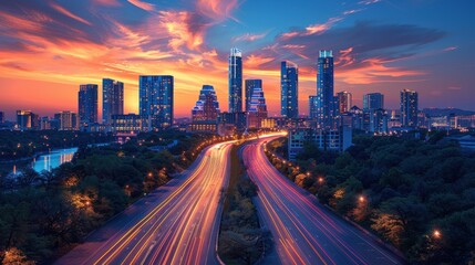 Fototapeta premium A city skyline at dusk with illuminated buildings and traffic trails, a mix of modern and historic architecture