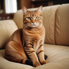Beautiful brown cat sitting on a sofa