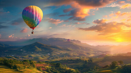 Fototapeta premium Colorful hot air balloons flying over the mountains