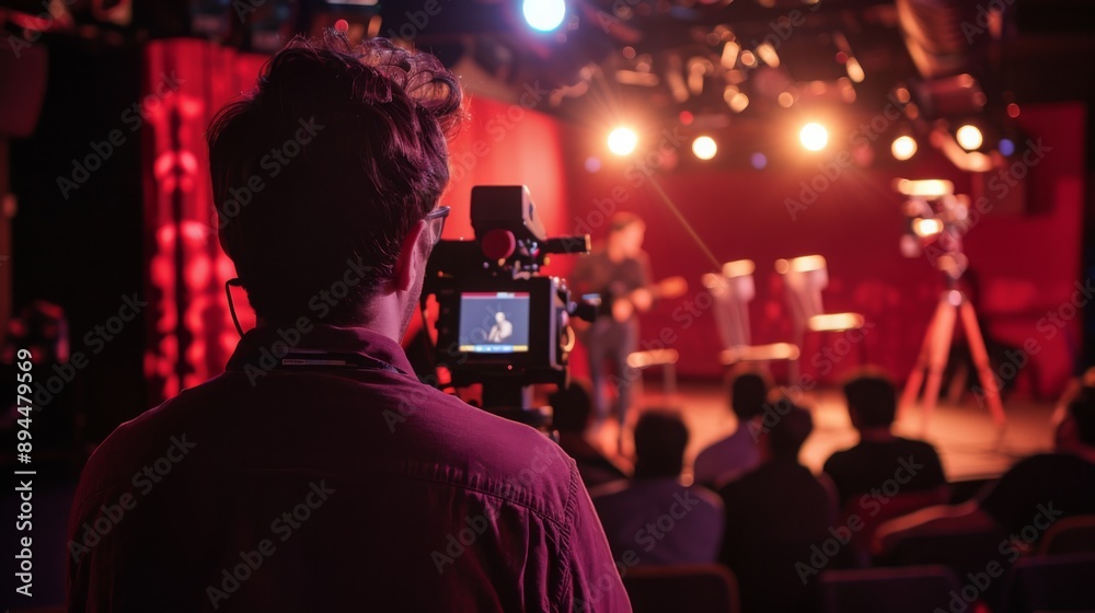 Poster A cameraman films a live performance on stage, capturing the action with a professional camera. The stage is lit with bright spotlights, and there is an audience in the background.