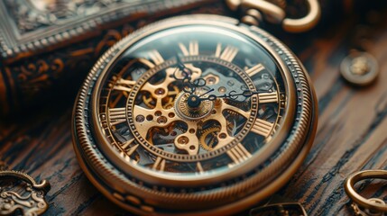 Obraz premium A detailed close-up of a vintage pocket watch with visible gears and intricate designs, against an antique wooden surface