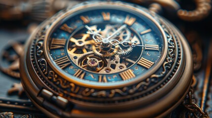 Obraz premium A detailed close-up of a vintage pocket watch with visible gears and intricate designs, against an antique wooden surface
