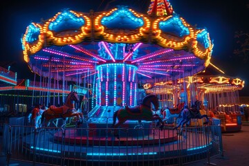 Obraz premium Colorful, illuminated carousel in motion under the evening sky, devoid of riders