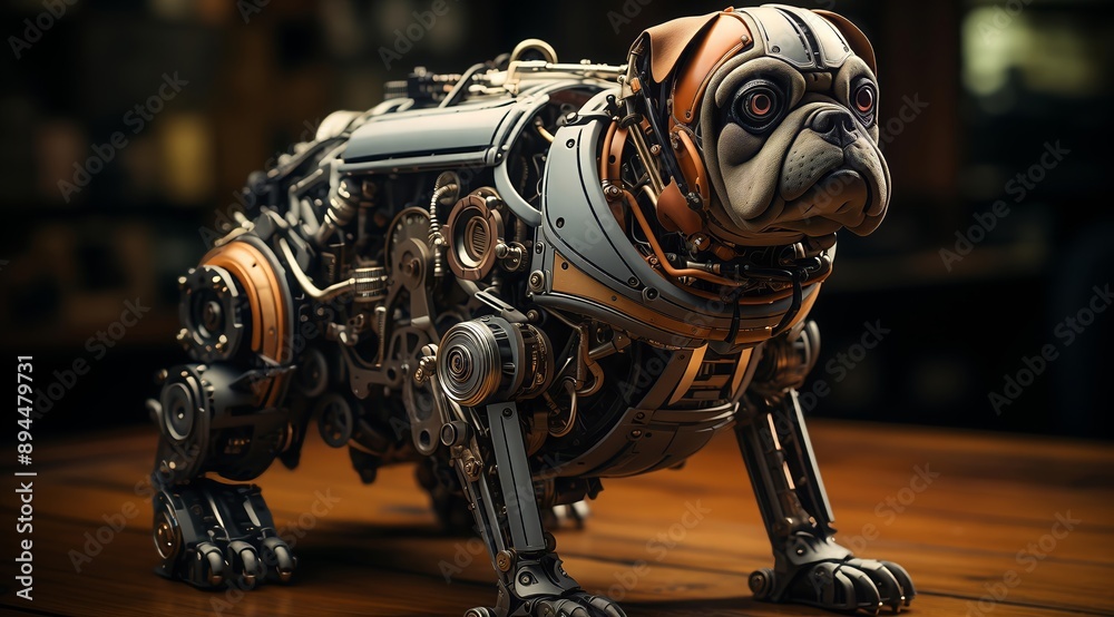 Poster A 3D rendered image of a steampunk bulldog robot. The robot is made of metal and gears and has a realistic dog-like face. It is standing on a wooden surface. The robot is a great example of the stea