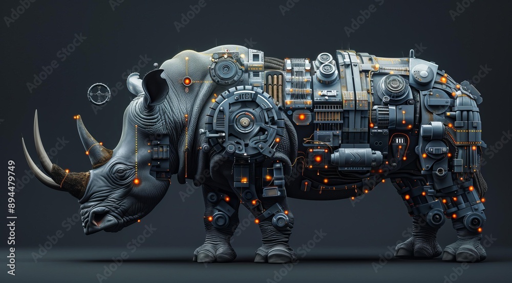 Poster a futuristic, stylized rhinoceros rendered in 3d, covered in intricate mechanical parts and glowing 