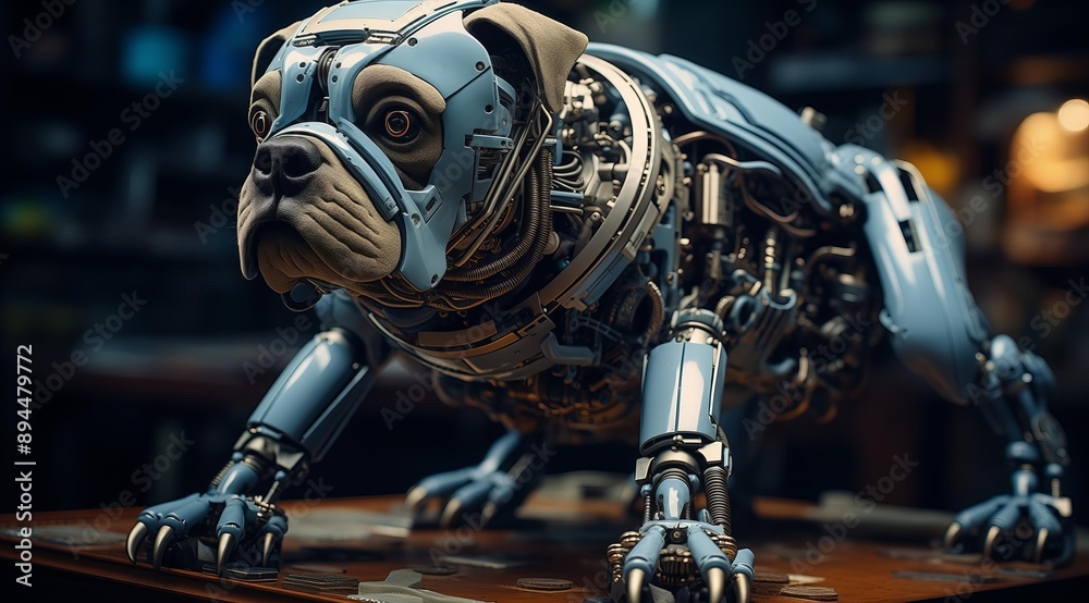 Poster a close-up of a robotic dog with a blue metallic exterior. the dog is made of intricate gears and me