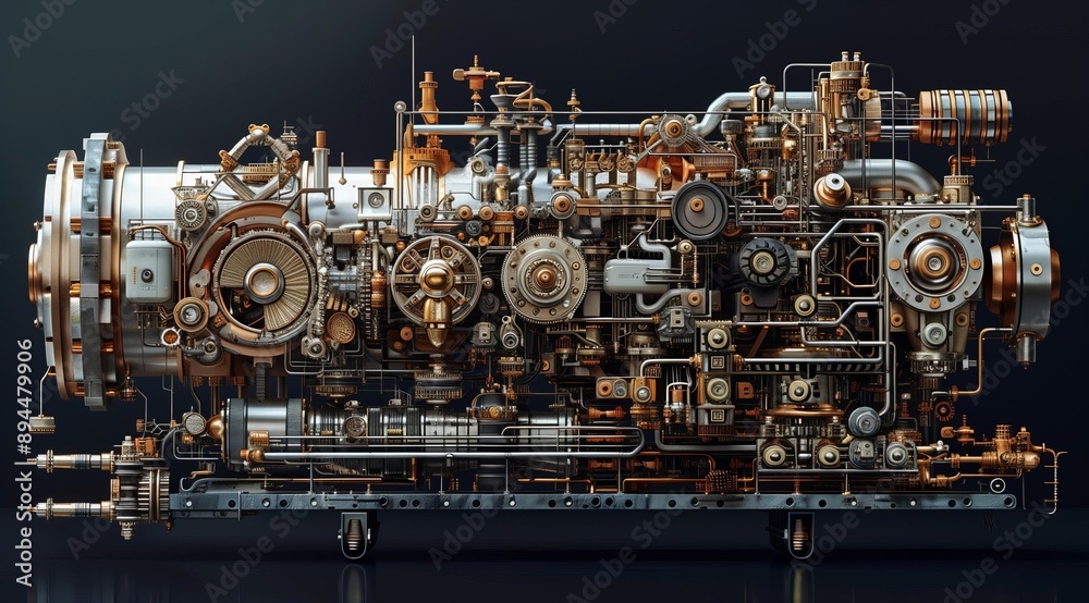 Poster A captivating image showcasing a complex mechanical device rendered in intricate detail. The device features a multitude of gears, cogs, pipes, and other intricate elements, all seamlessly interconn