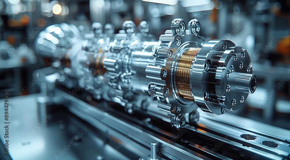 Poster a close-up image of a shiny, metallic gear mechanism in a factory setting. the intricate details of 