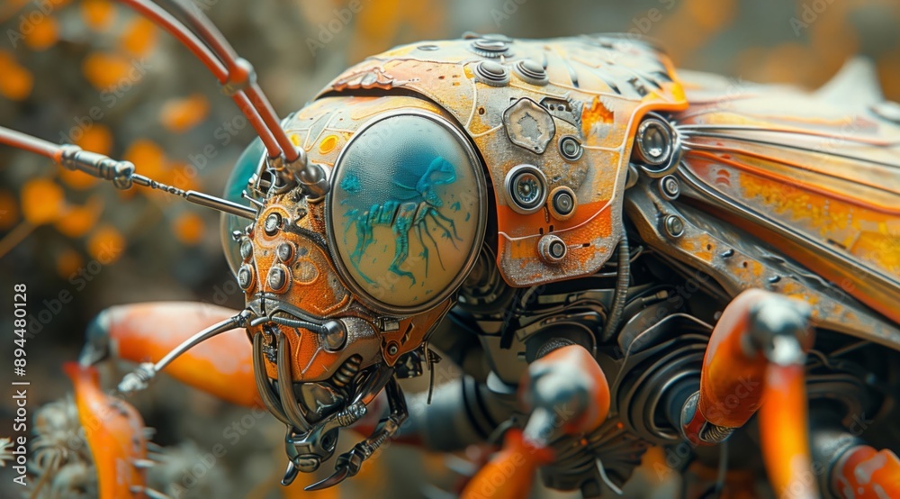 Poster A close-up of a mechanical insect, its intricate details and weathered surface showcase a blend of nature and technology. The image evokes a sense of wonder and curiosity, highlighting the beauty of