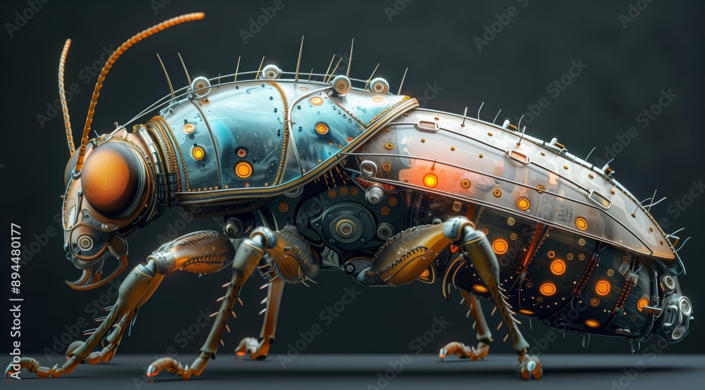 Poster a stunning 3d rendering of a cyborg insect, showcasing intricate details and a futuristic aesthetic.