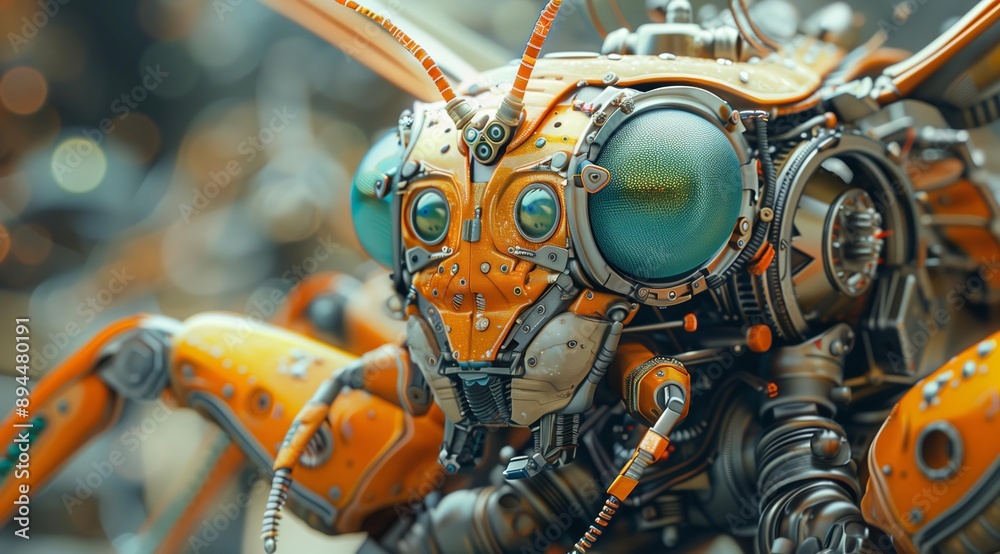 Aufkleber A close up of a mechanical insect's face, focusing on its large, compound eye. The intricate details of its metallic body and the bokeh background create a sense of wonder and technological advancem