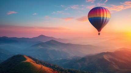 Colorful hot air balloons flying over the mountains