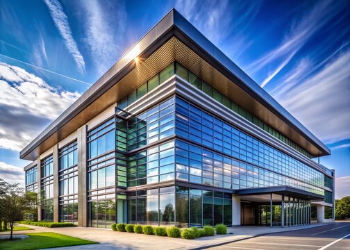 Sleek modern office building with sleek glass exterior, metal accents, and geometric lines, exuding contemporary design and urban sophistication in a commercial setting.