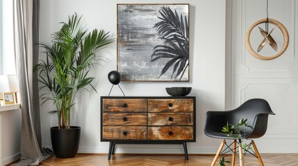 Contemporary living room with wooden dresser, black chair, tropical plants, and elegant accessories; abstract paintings featured.