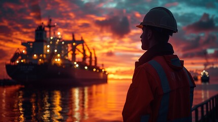 Fototapeta premium A lone worker in a hard hat observes a cargo ship at sunset. The sky is ablaze with color as the ship sits docked in the harbor.
