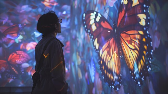 A woman stands in front of a wall projection depicting butterflies and flowers, gazing at a large butterfly in the foreground.