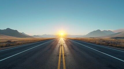 Empty road leading towards the sun rising over a mountain range.  A concept of hope and new beginnings.