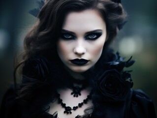 Mysterious gothic woman with dark makeup and jewelry