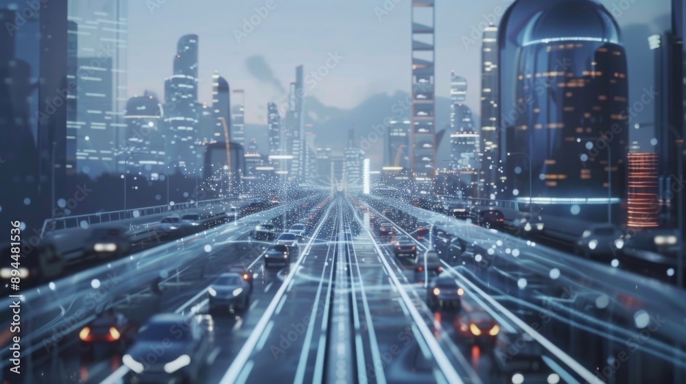 Poster a futuristic city skyline with glowing buildings and a busy highway at night. cars drive along the r