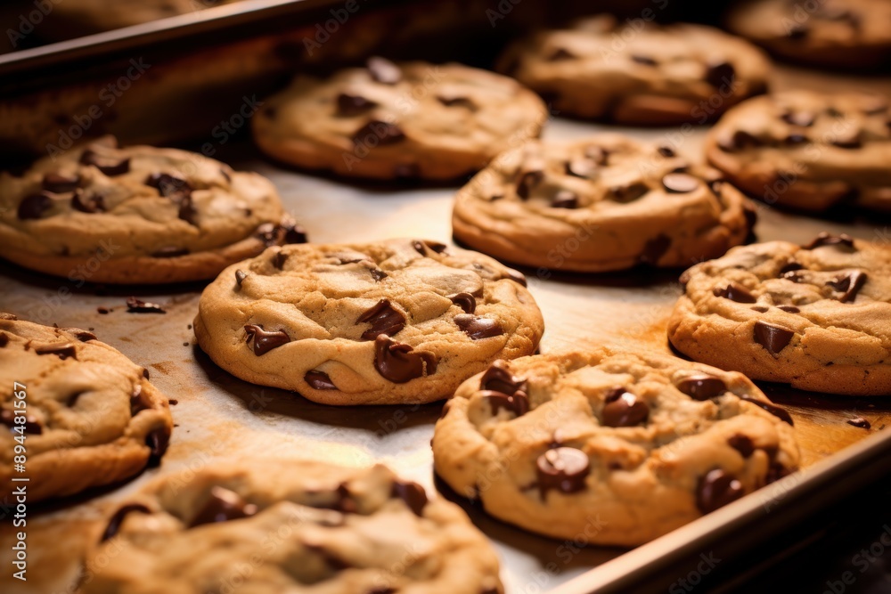 Poster freshly baked chocolate chip cookies on a baking sheet