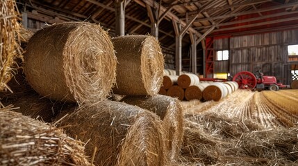 Rustic barn with hay bales and farm equipment