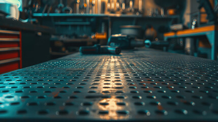 Obraz premium A close-up shot of the metal table in an automotive workshop, with tools and parts on shelves behind it