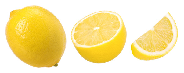 lemon fruit, half and slice isolated, Fresh and Juicy Lemon, transparent PNG, PNG format