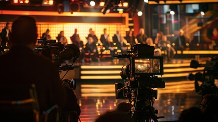 Two cameramen filming a stage performance in a darkened studio with a warm, golden backdrop.
