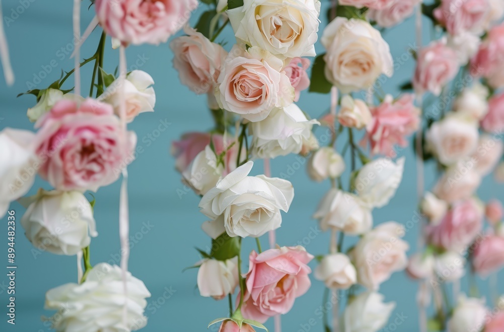 Sticker Delicate pink and white roses in full bloom