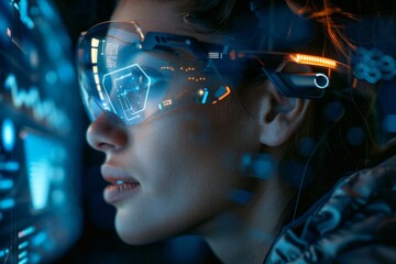 Close-Up Of Beautiful Office Workers Wearing Eyeglasses Analyzing Graph On Holographic Screen With Their AI Assistant.