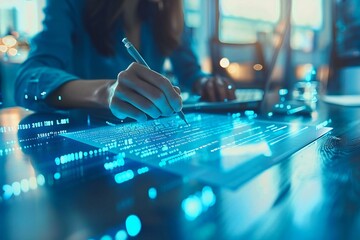 real estate agent uses AI technology to assist a beautiful client in filling out a futuristic holographic contract form over a sleek desk.