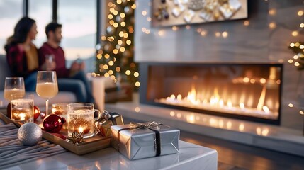 A cozy Christmas scene with a couple relaxing by the fireplace, enjoying drinks and gifts.