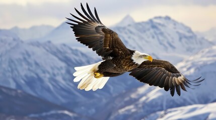 Obraz premium Eagle Soaring Over Snow-Covered Mountain Range in Winter Sky