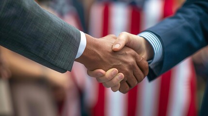 Two men in suits shake hands in front of an American flag. The image symbolizes unity, agreement, and partnership.