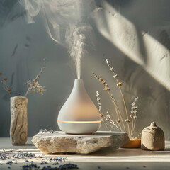 Diffuseur d'huile essentielle avec fleurs séchées sur pierre