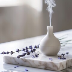 Diffuseur d'huiles essentielles avec lavande sur une tablette en marbre