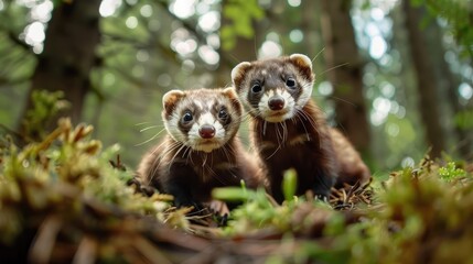 Obraz premium Playful ferrets exploring a forest floor, their sleek bodies and curious expressions creating a dynamic woodland scene