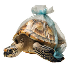 Turtle covered in plastic due to the dirt and pollution of the sea isolated on white background. Turtle entangled in garbage, concept of pollution and effect on nature and animals.