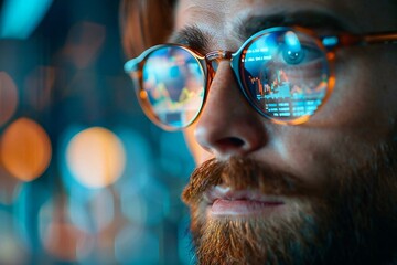 Close-up of futuristic holographic screens displaying financial graphs and data analytics, with beautiful persons wearing eyeglasses and a well-groomed beard.
