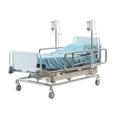 Blue medical hospital bed with medical equipment and dropper with medicine isolated on transparent background. Side view of hospital bed.