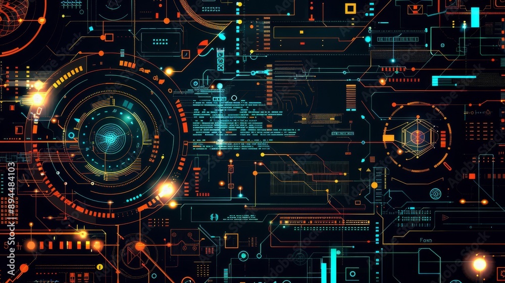 Poster picture a futuristic digital interface with cyber data and code displayed in a scifi style, glowing 