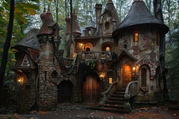 Fototapeta premium Mystical twilight scene of a stone cottage with whimsical architecture surrounded by forest