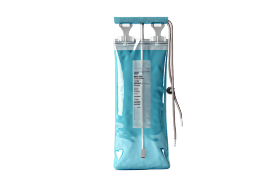 Medical equipment: bag with medicine or saline solution with drip line for medical treatment in the hospital isolated on white background, png file.