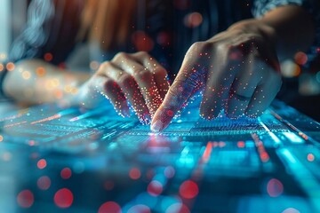 Close-up of a woman's hand using AI holographic technology to correct errors on a digital document.