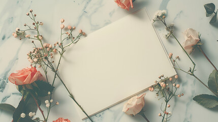 a blank greeting card invitation in a front view, a beige table with a wooden plate adorned with dry flowers, providing ample  for a business brand template,Flowers composition ,Greeting card 