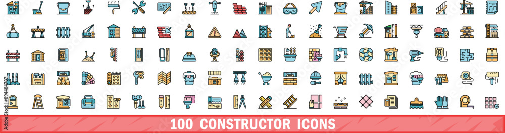 Poster 100 constructor icons set. color line set of constructor vector icons thin line color flat on white