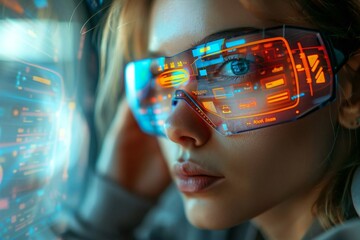 Young woman with mesmerizing holographic screens around her, using AI assistant to schedule tasks in her futuristic planner.